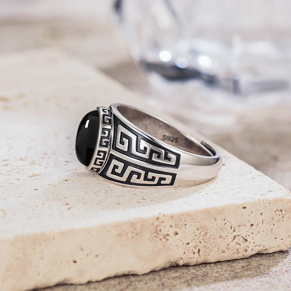 Vintage natürlicher schwarzer Onyx 925er Sterlingsilberring, Retro silberner ovaler schwarzer Ring, Tigerauge Feinschmuck, Tail-Ring für Herren