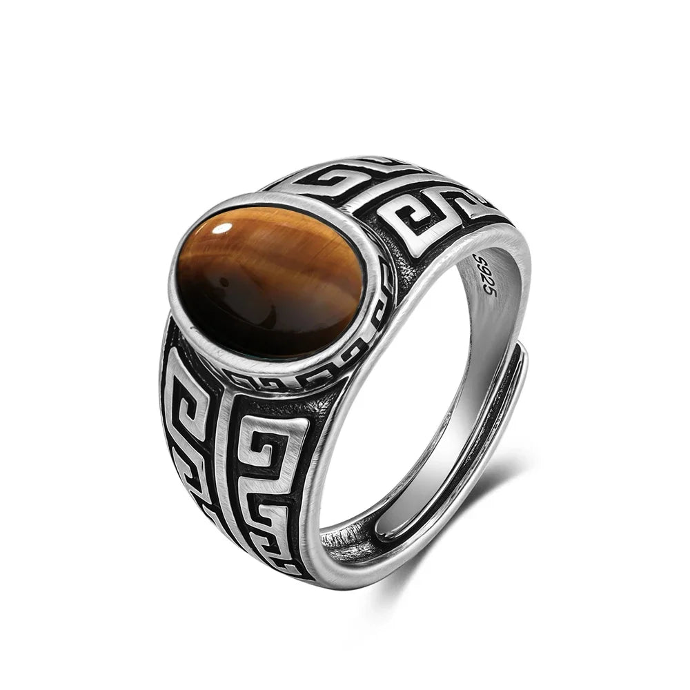 Vintage natürlicher schwarzer Onyx 925er Sterlingsilberring, Retro silberner ovaler schwarzer Ring, Tigerauge Feinschmuck, Tail-Ring für Herren