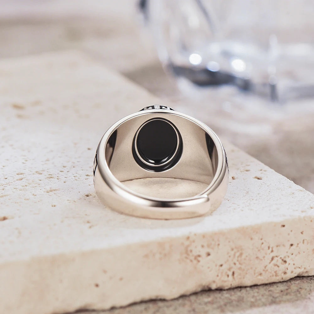 Vintage natürlicher schwarzer Onyx 925er Sterlingsilberring, Retro silberner ovaler schwarzer Ring, Tigerauge Feinschmuck, Tail-Ring für Herren