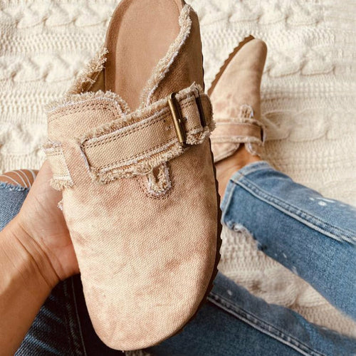 Damen Canvas Loafer mit flachem Absatz und runder Spitze im Vintage-Look (Clogs)