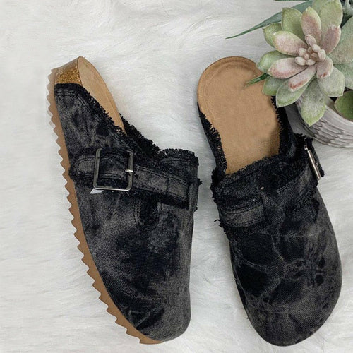 Damen Canvas Loafer mit flachem Absatz und runder Spitze im Vintage-Look (Clogs)