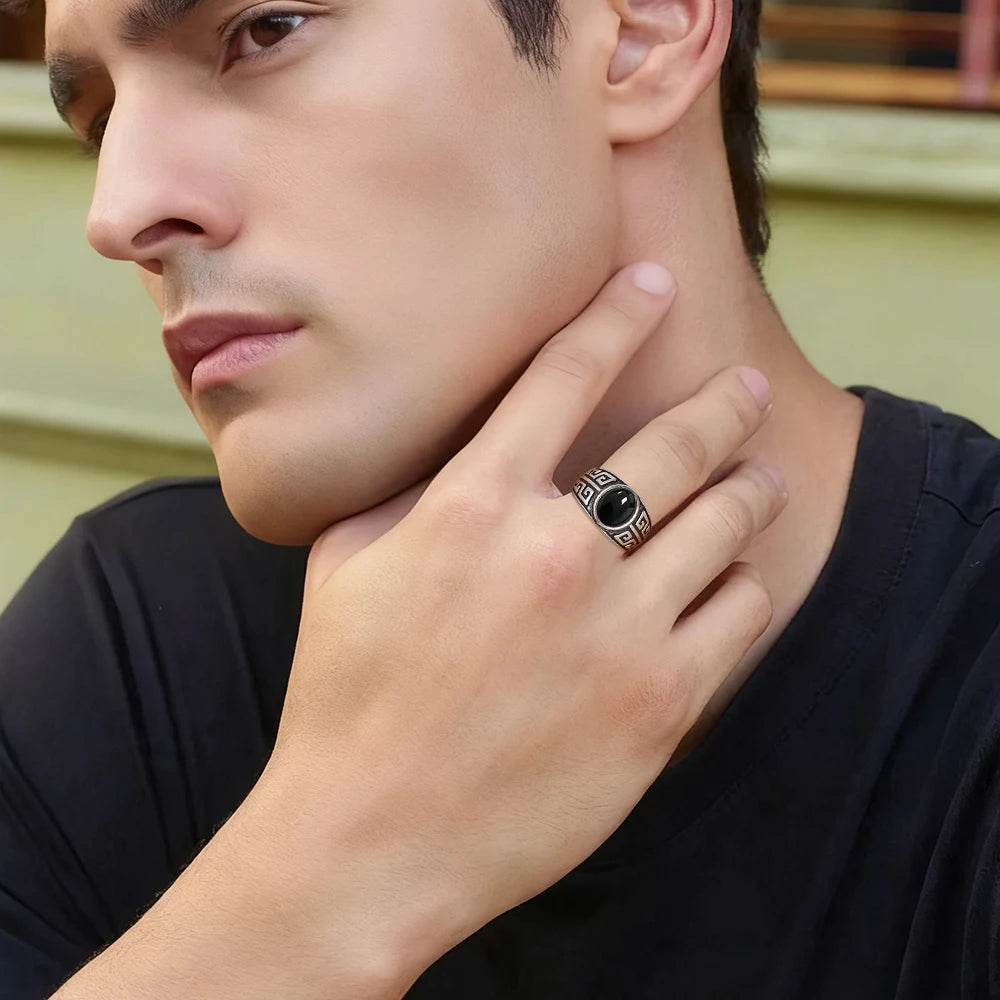 Vintage natürlicher schwarzer Onyx 925er Sterlingsilberring, Retro silberner ovaler schwarzer Ring, Tigerauge Feinschmuck, Tail-Ring für Herren