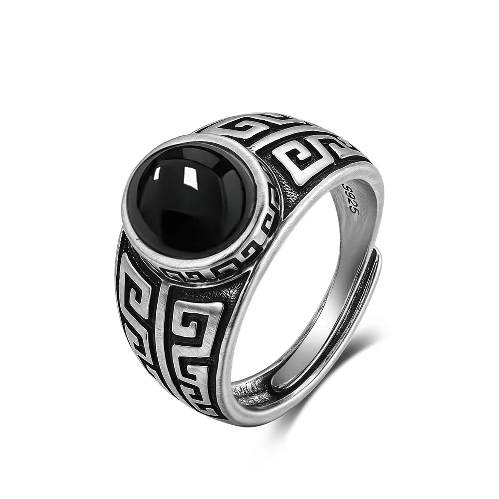 Vintage natürlicher schwarzer Onyx 925er Sterlingsilberring, Retro silberner ovaler schwarzer Ring, Tigerauge Feinschmuck, Tail-Ring für Herren