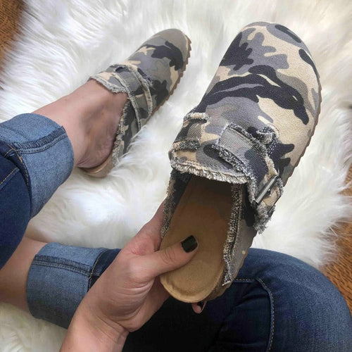 Damen Canvas Loafer mit flachem Absatz und runder Spitze im Vintage-Look (Clogs)