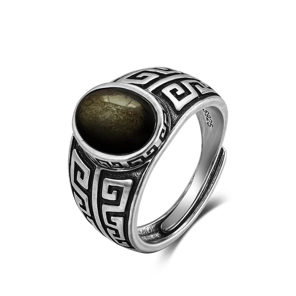 Vintage natürlicher schwarzer Onyx 925er Sterlingsilberring, Retro silberner ovaler schwarzer Ring, Tigerauge Feinschmuck, Tail-Ring für Herren