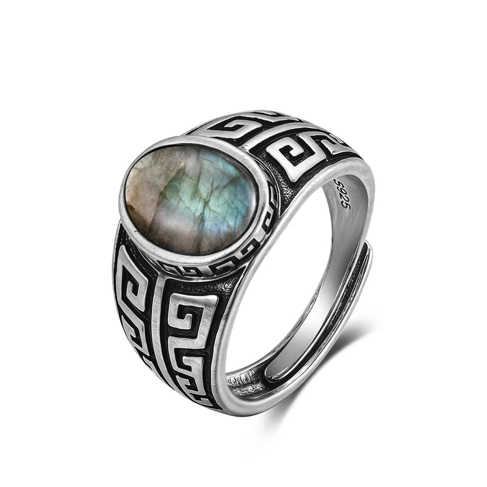 Vintage natürlicher schwarzer Onyx 925er Sterlingsilberring, Retro silberner ovaler schwarzer Ring, Tigerauge Feinschmuck, Tail-Ring für Herren