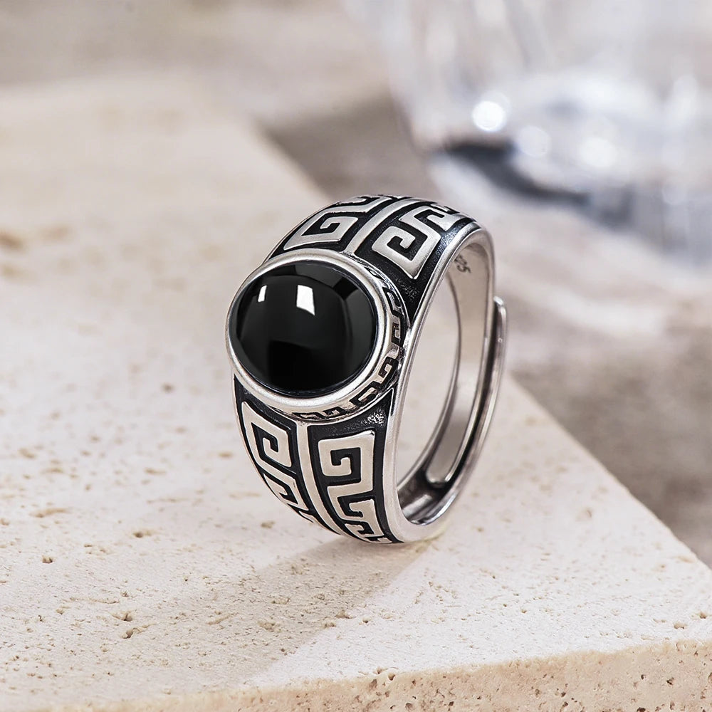 Vintage natürlicher schwarzer Onyx 925er Sterlingsilberring, Retro silberner ovaler schwarzer Ring, Tigerauge Feinschmuck, Tail-Ring für Herren