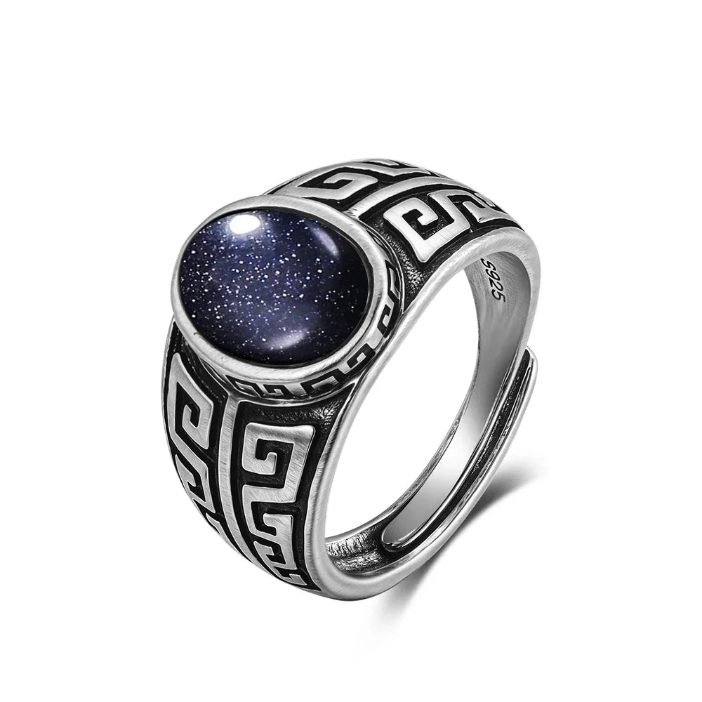 Vintage natürlicher schwarzer Onyx 925er Sterlingsilberring, Retro silberner ovaler schwarzer Ring, Tigerauge Feinschmuck, Tail-Ring für Herren